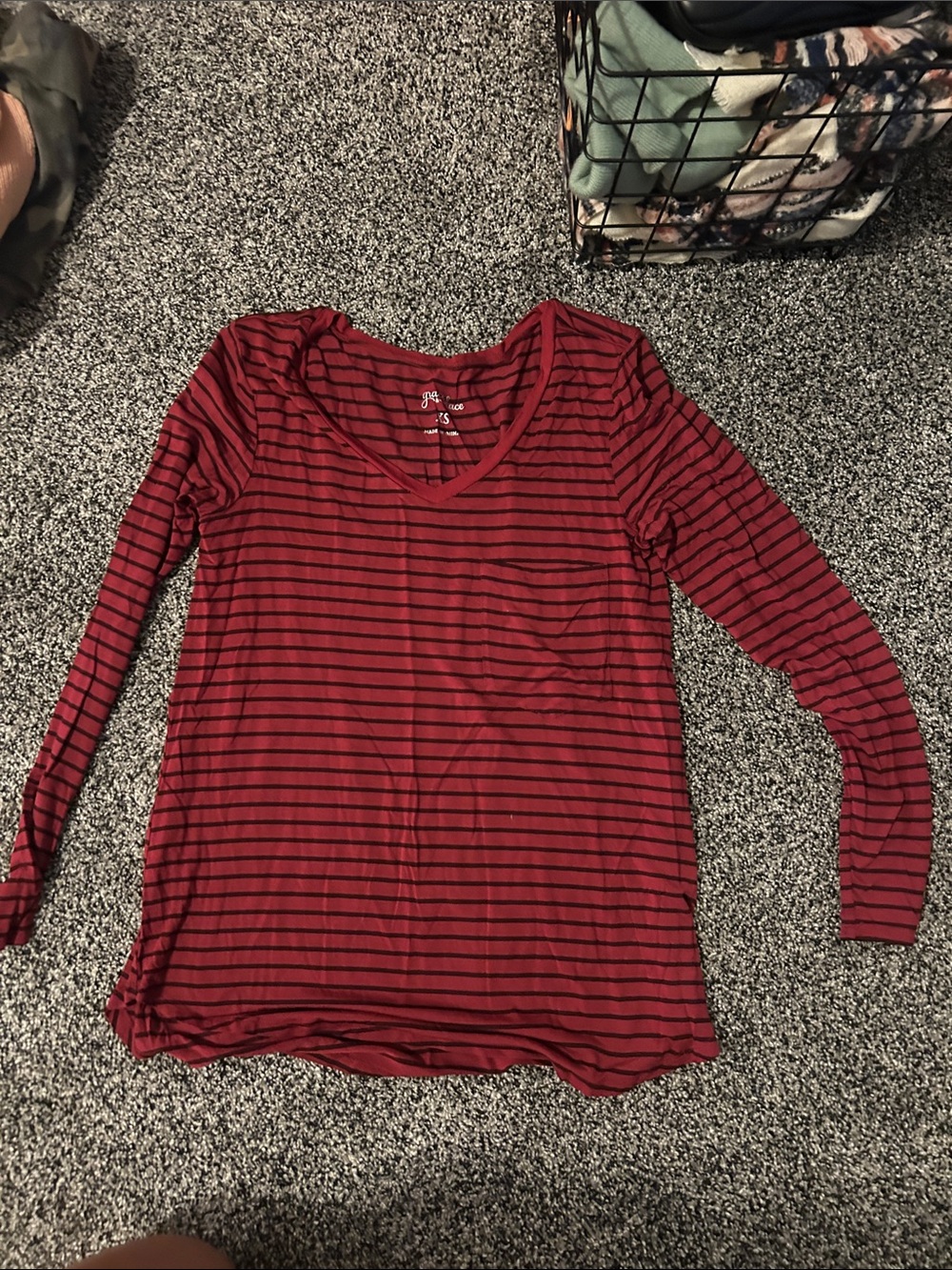Grace & Lace Red and Black Striped V-Neck Long Sleeve Tee